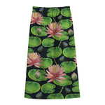 Water Lily Flower Pattern Print Cotton Front Slit Maxi Skirt