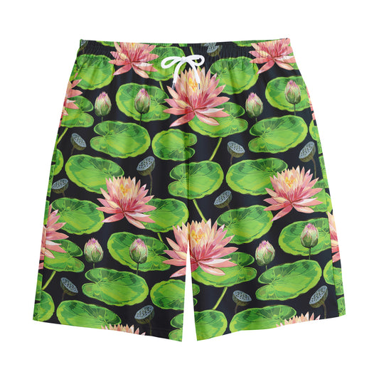 Water Lily Flower Pattern Print Cotton Shorts