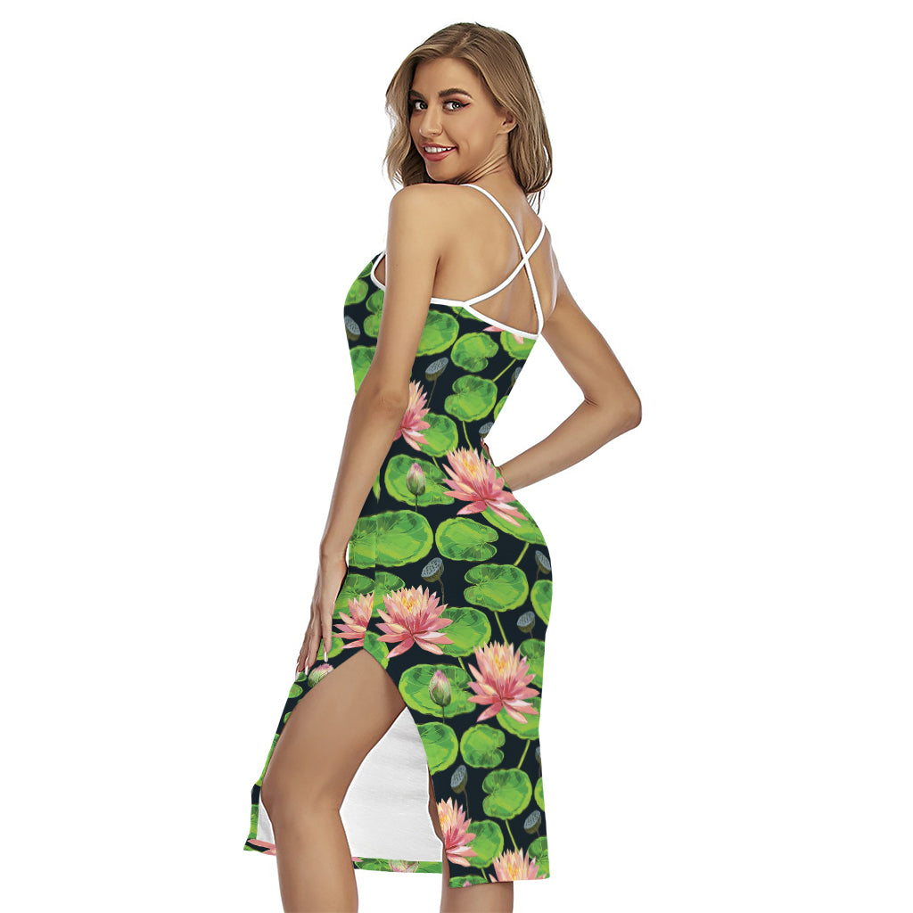 Water Lily Flower Pattern Print Cross Back Cami Dress