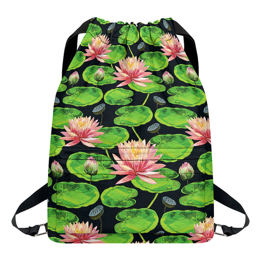 Water Lily Flower Pattern Print Drawstring Backpack