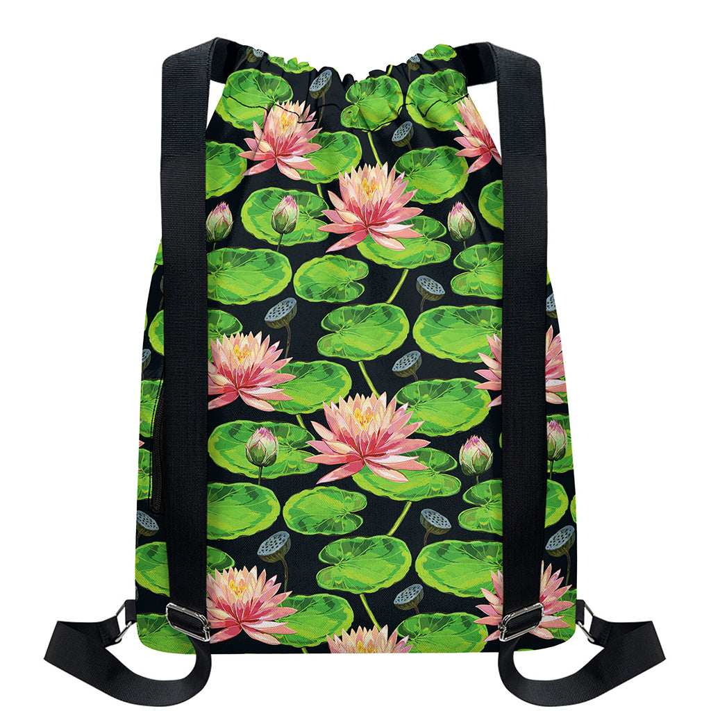Water Lily Flower Pattern Print Drawstring Backpack