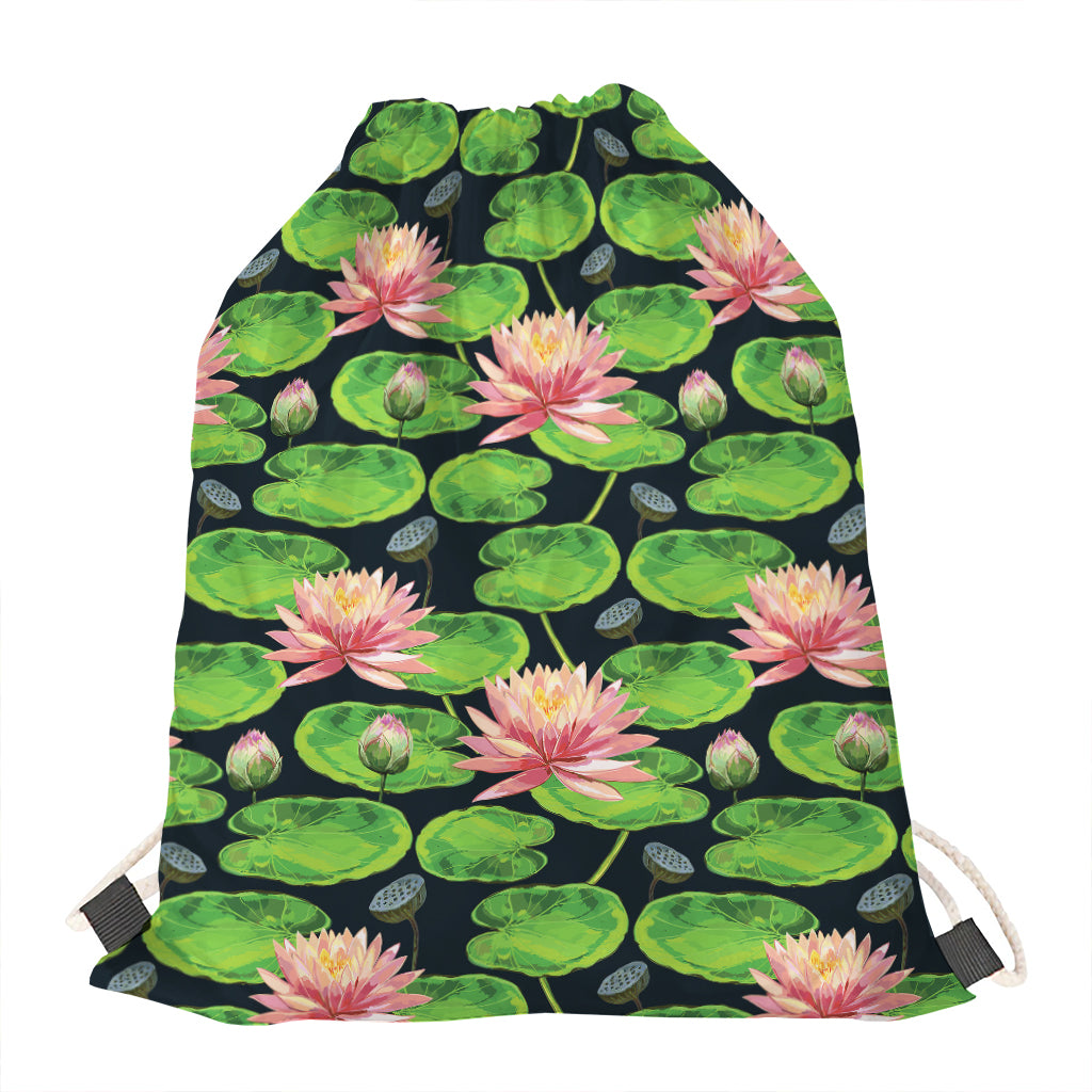 Water Lily Flower Pattern Print Drawstring Bag