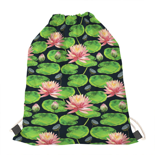 Water Lily Flower Pattern Print Drawstring Bag