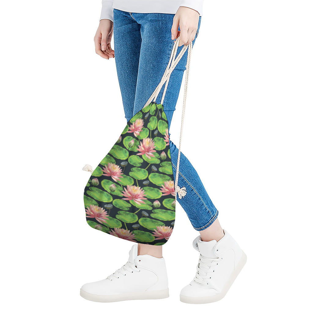 Water Lily Flower Pattern Print Drawstring Bag