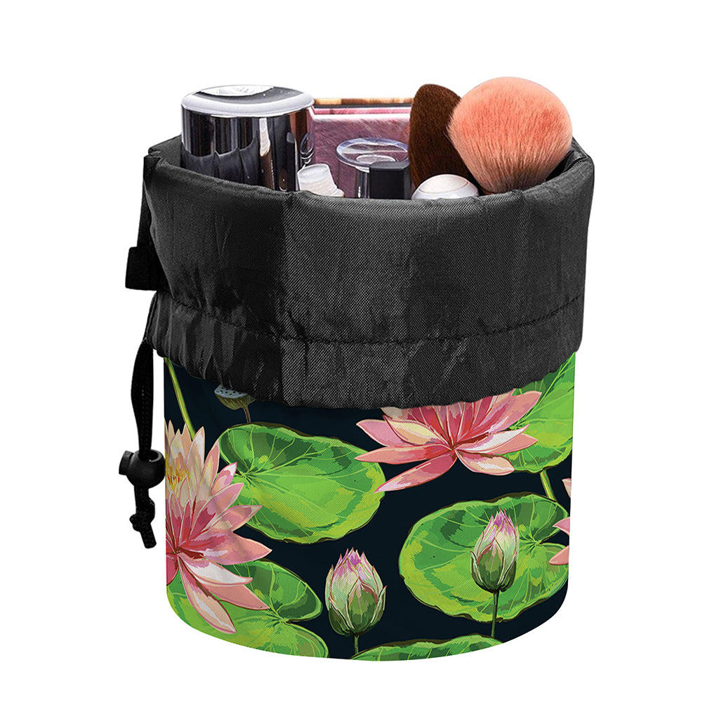 Water Lily Flower Pattern Print Drawstring Makeup Bag