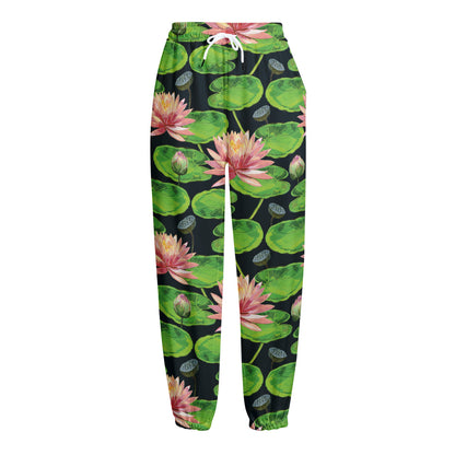 Water Lily Flower Pattern Print Fleece Lined Knit Pants