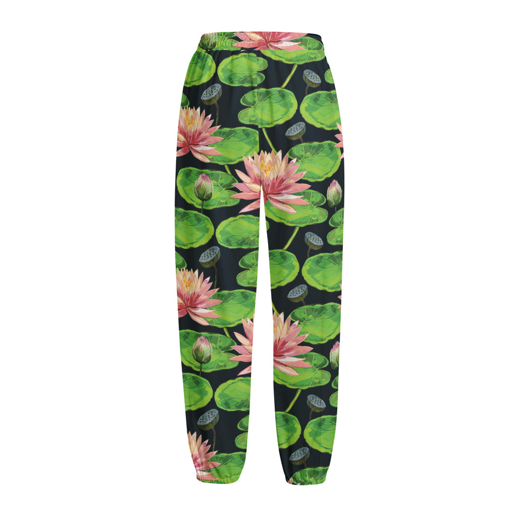 Water Lily Flower Pattern Print Fleece Lined Knit Pants