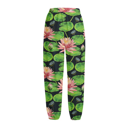 Water Lily Flower Pattern Print Fleece Lined Knit Pants