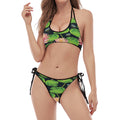 Water Lily Flower Pattern Print Halter Scoop Tie Side Bikini