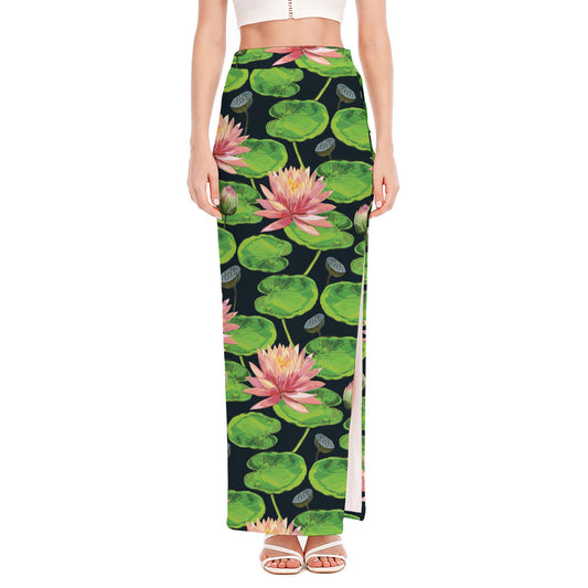 Water Lily Flower Pattern Print High Slit Maxi Skirt