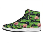 Water Lily Flower Pattern Print High Top Leather Sneakers