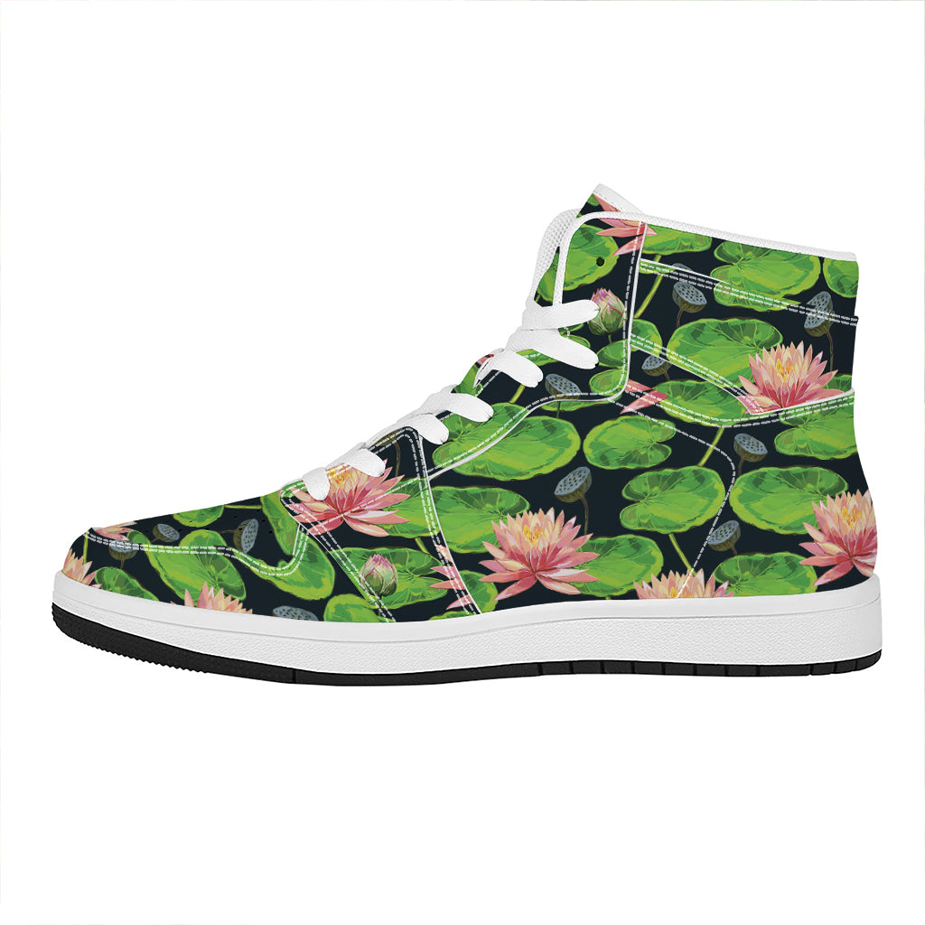 Water Lily Flower Pattern Print High Top Leather Sneakers
