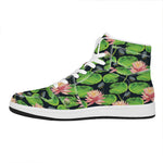 Water Lily Flower Pattern Print High Top Leather Sneakers