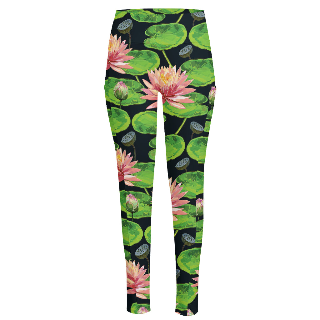 Water Lily Flower Pattern Print High-Waisted Pocket Leggings