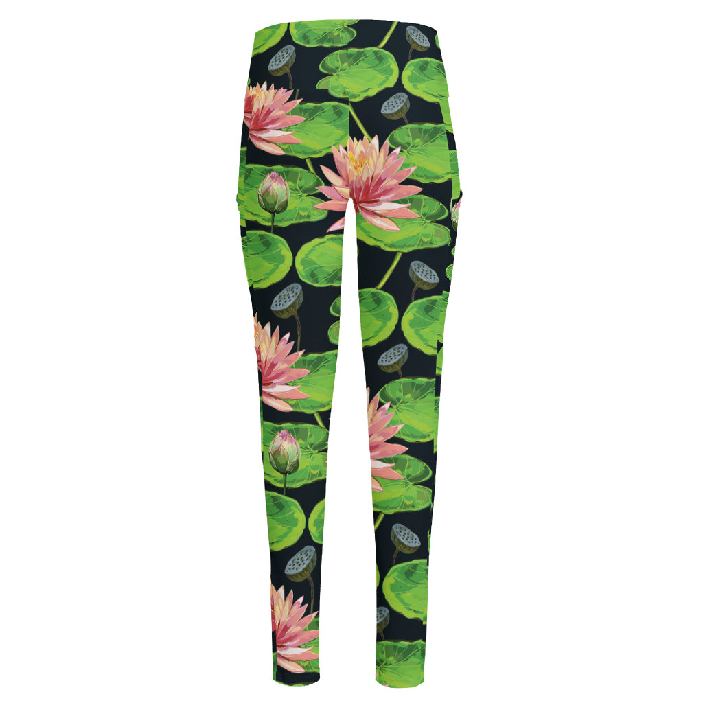 Water Lily Flower Pattern Print High-Waisted Pocket Leggings