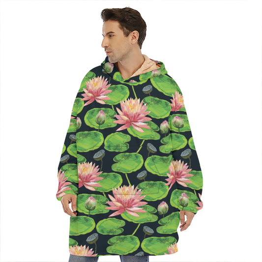 Water Lily Flower Pattern Print Hoodie Blanket