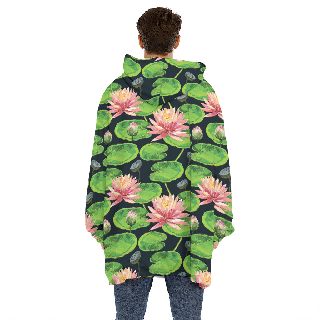Water Lily Flower Pattern Print Hoodie Blanket