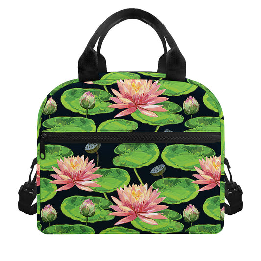 Water Lily Flower Pattern Print Insulated Lunch Bag