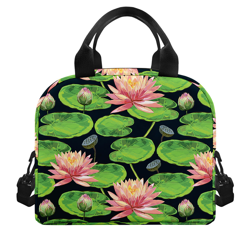Water Lily Flower Pattern Print Insulated Lunch Bag