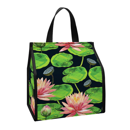 Water Lily Flower Pattern Print Insulated Lunch Tote