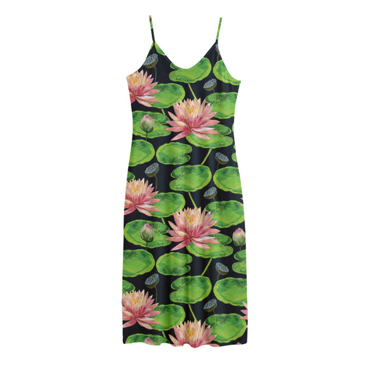 Water Lily Flower Pattern Print Jersey Midi Cami Dress
