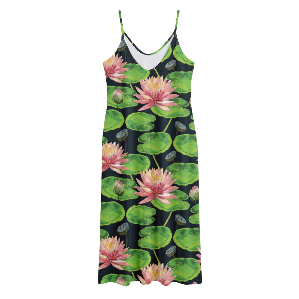 Water Lily Flower Pattern Print Jersey Midi Cami Dress