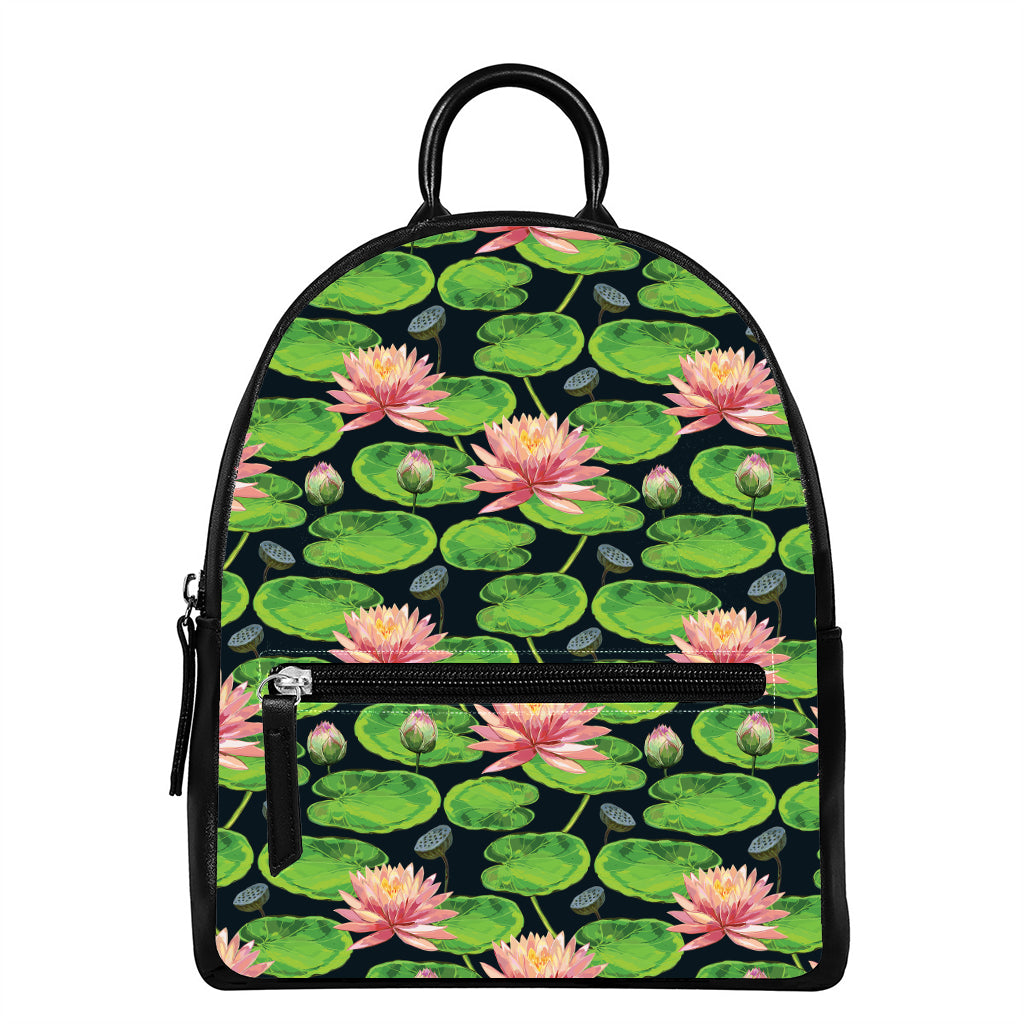 Water Lily Flower Pattern Print Leather Backpack
