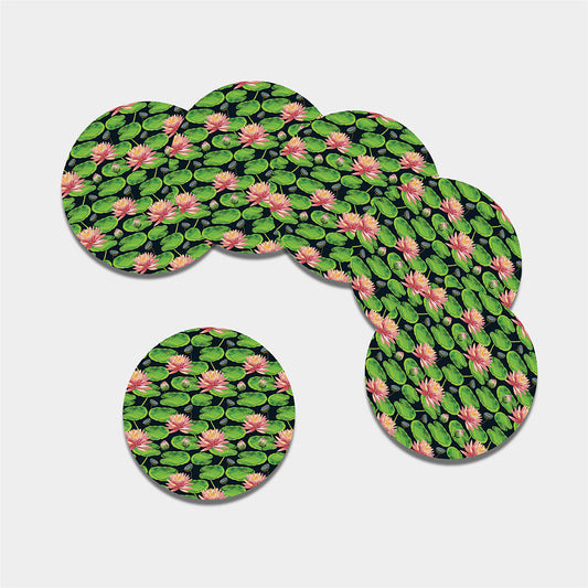 Water Lily Flower Pattern Print Leather Coaster Set