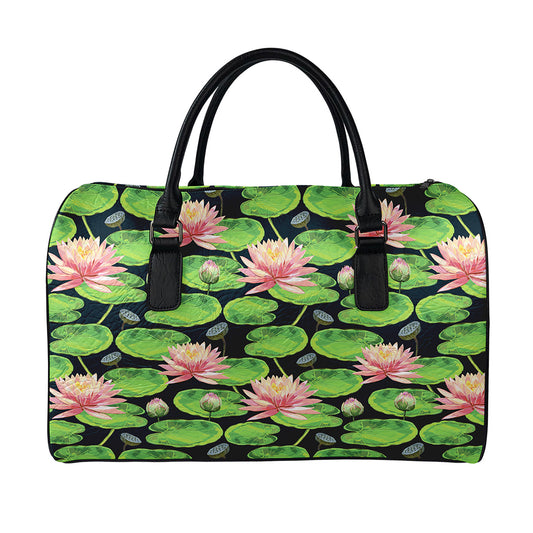 Water Lily Flower Pattern Print Leather Duffle Bag