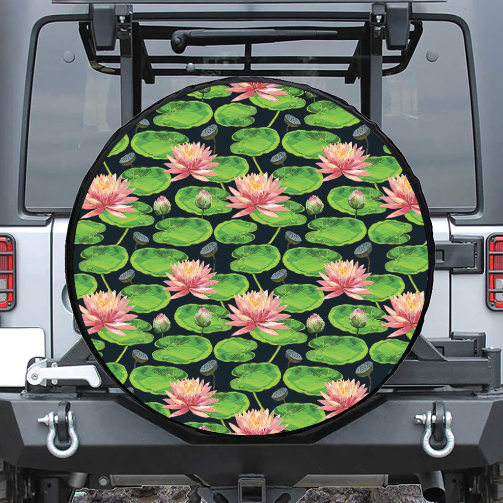 Water Lily Flower Pattern Print Leather Spare Tire Cover