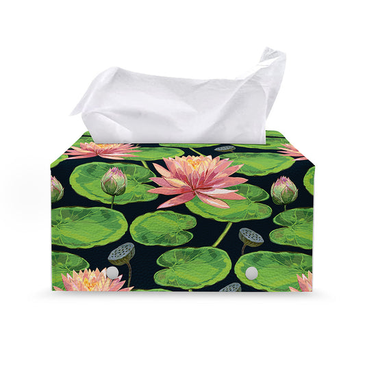 Water Lily Flower Pattern Print Leather Tissue Box Cover