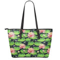 Water Lily Flower Pattern Print Leather Tote Bag With Zipper