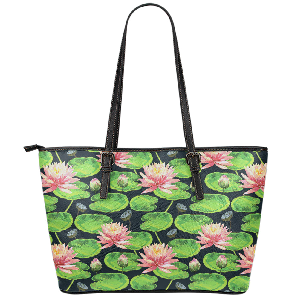 Water Lily Flower Pattern Print Leather Tote Bag