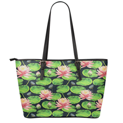 Water Lily Flower Pattern Print Leather Tote Bag