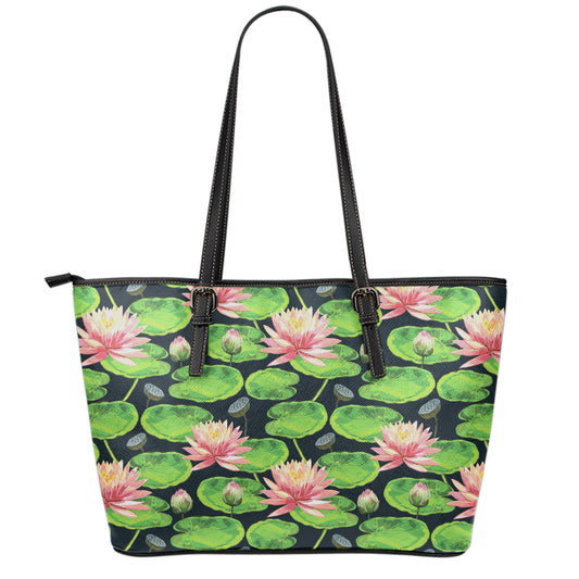 Water Lily Flower Pattern Print Leather Tote Bag