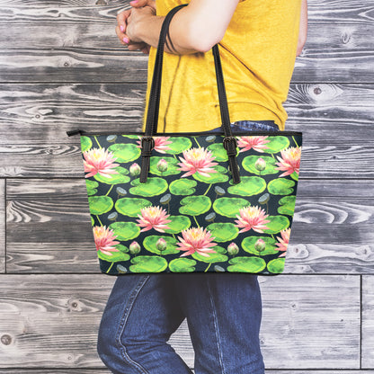 Water Lily Flower Pattern Print Leather Tote Bag