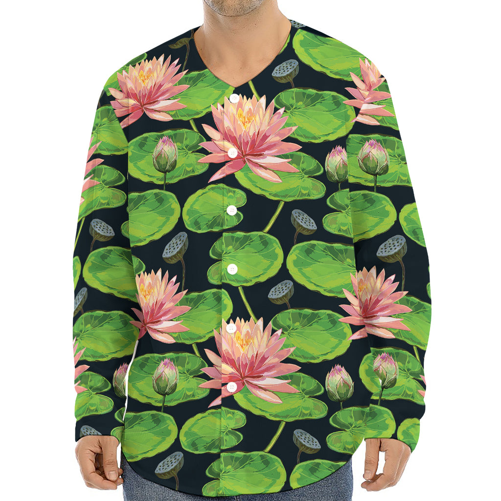 Water Lily Flower Pattern Print Long Sleeve Baseball Jersey