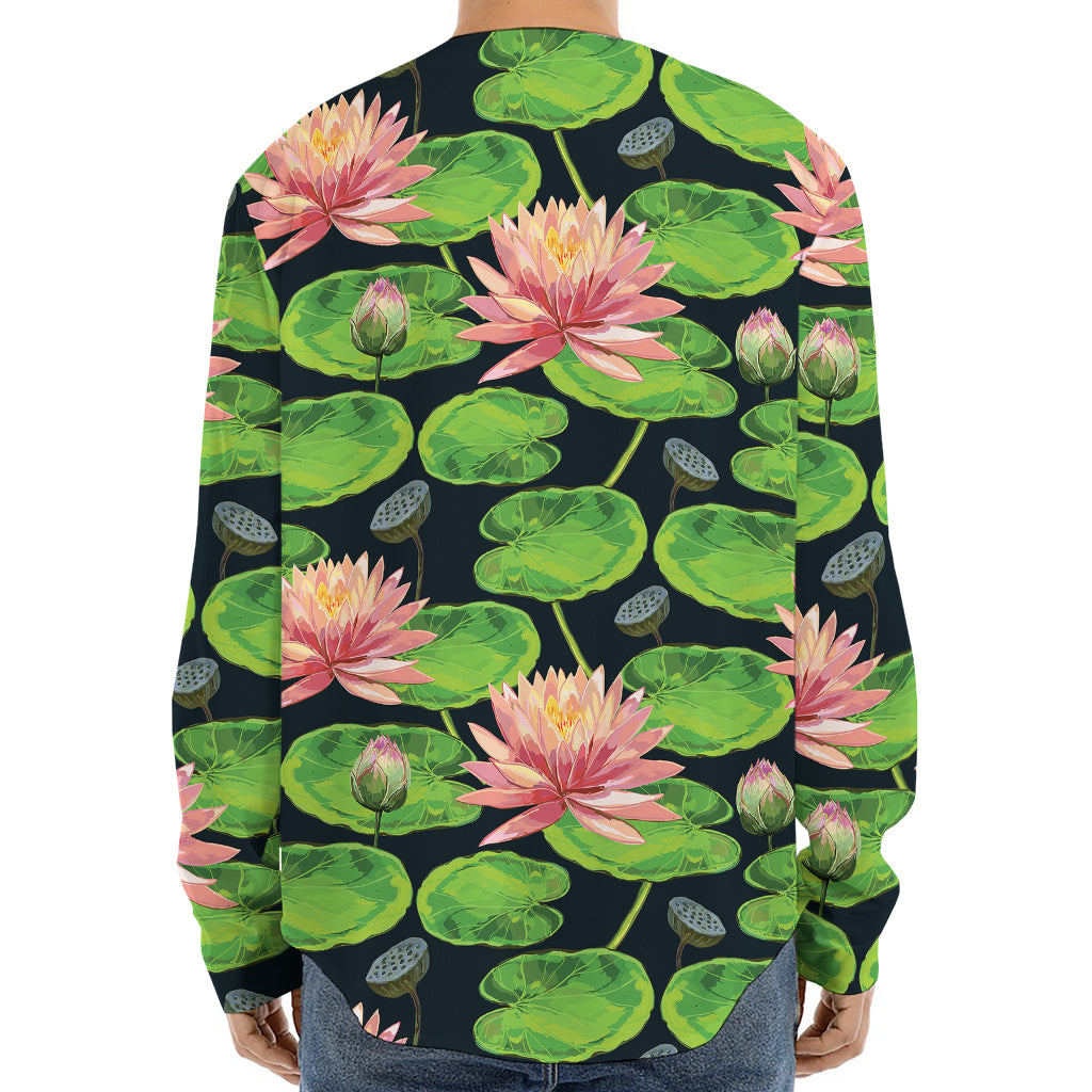 Water Lily Flower Pattern Print Long Sleeve Baseball Jersey