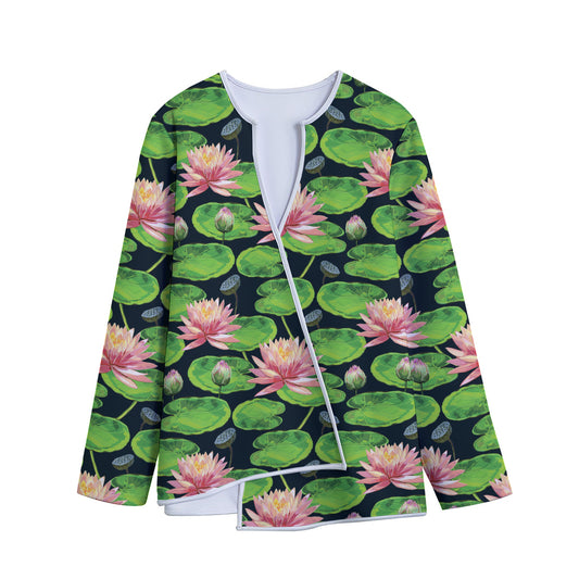 Water Lily Flower Pattern Print Long Sleeve Short Coat