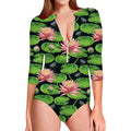 Water Lily Flower Pattern Print Long Sleeve Swimsuit