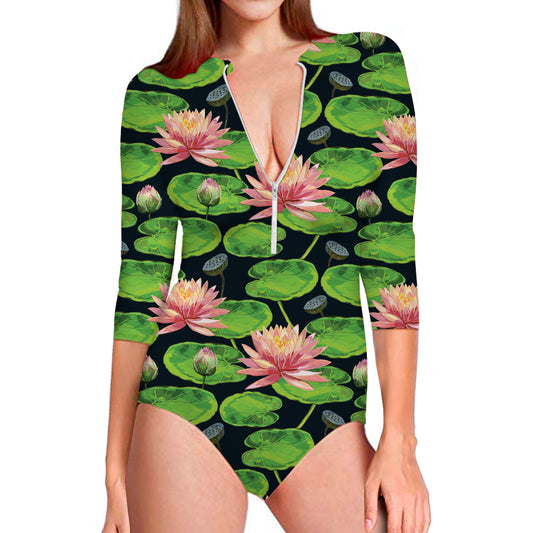 Water Lily Flower Pattern Print Long Sleeve Swimsuit