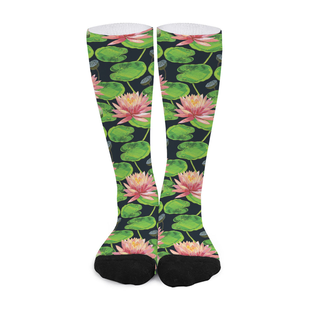 Water Lily Flower Pattern Print Long Socks