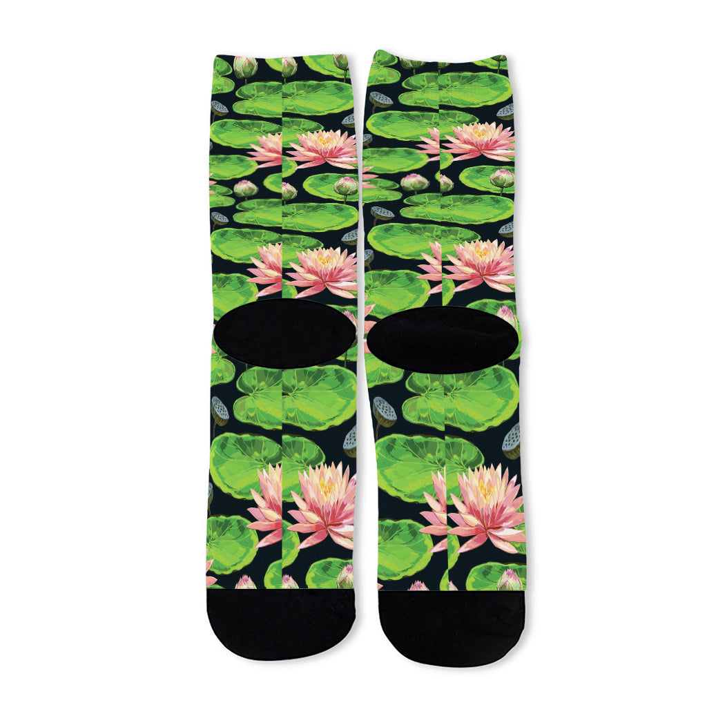 Water Lily Flower Pattern Print Long Socks