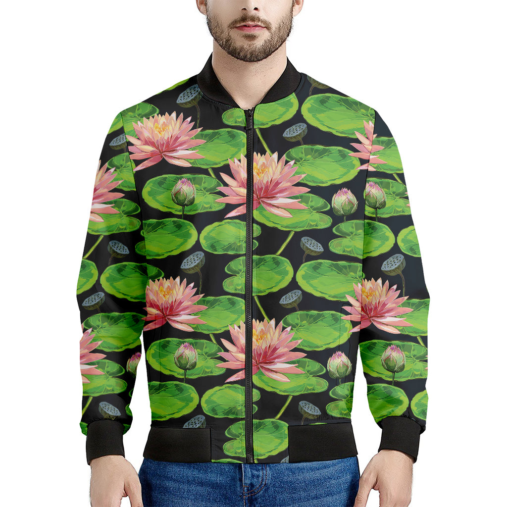 Water Lily Flower Pattern Print Men's Bomber Jacket