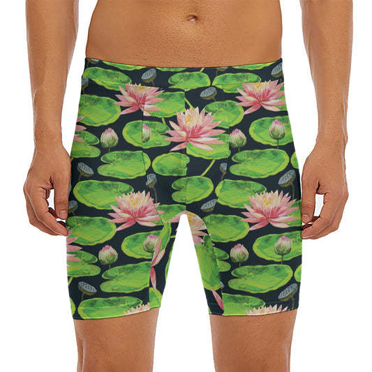 Water Lily Flower Pattern Print Men's Long Boxer Briefs