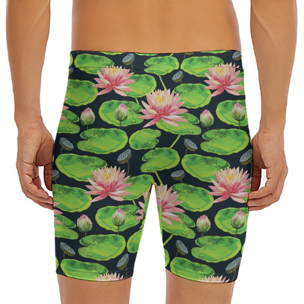 Water Lily Flower Pattern Print Men's Long Boxer Briefs