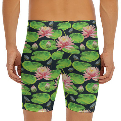 Water Lily Flower Pattern Print Men's Long Boxer Briefs