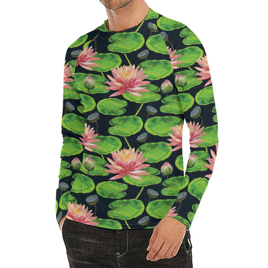 Water Lily Flower Pattern Print Men's Long Sleeve Rash Guard