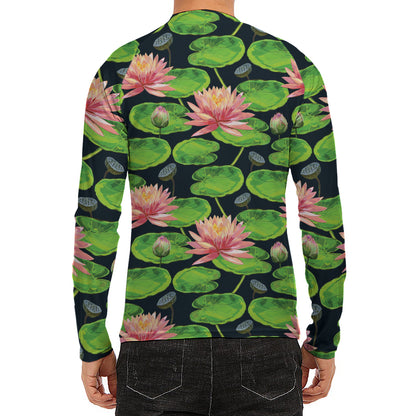 Water Lily Flower Pattern Print Men's Long Sleeve Rash Guard