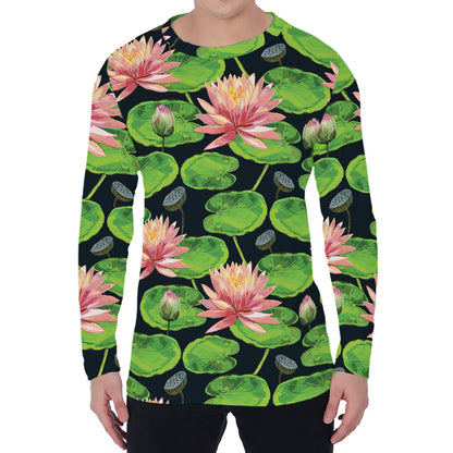 Water Lily Flower Pattern Print Men's Long Sleeve T-Shirt